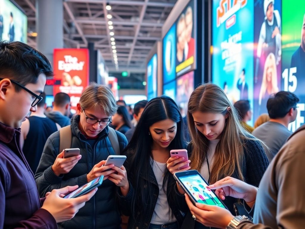Persoane interacționând cu reclame digitale pe dispozitive.