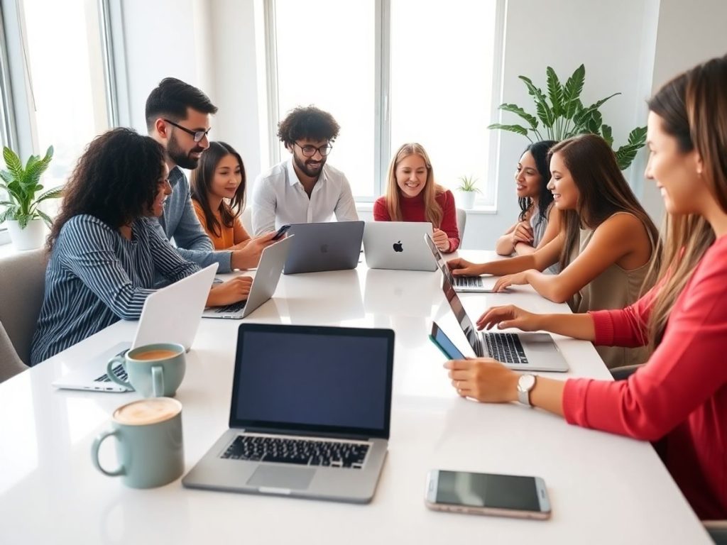Echipă diversă în birou modern lucrând cu laptopuri și smartphone-uri