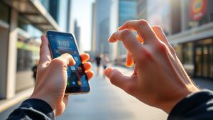 Persoană folosind telefon mobil într-un oraș modern.